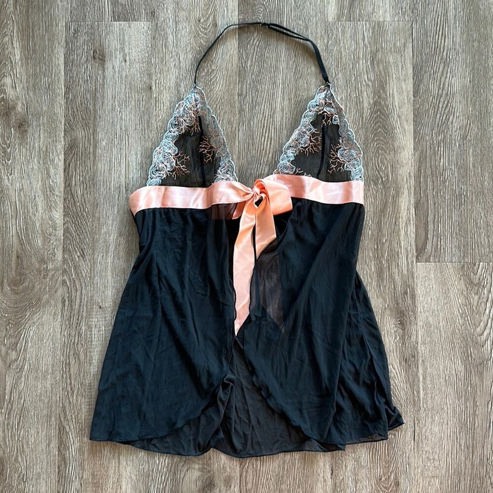 Victoria's Secret Tie Front‎ Halter Babydoll Black Large Mesh & Lace